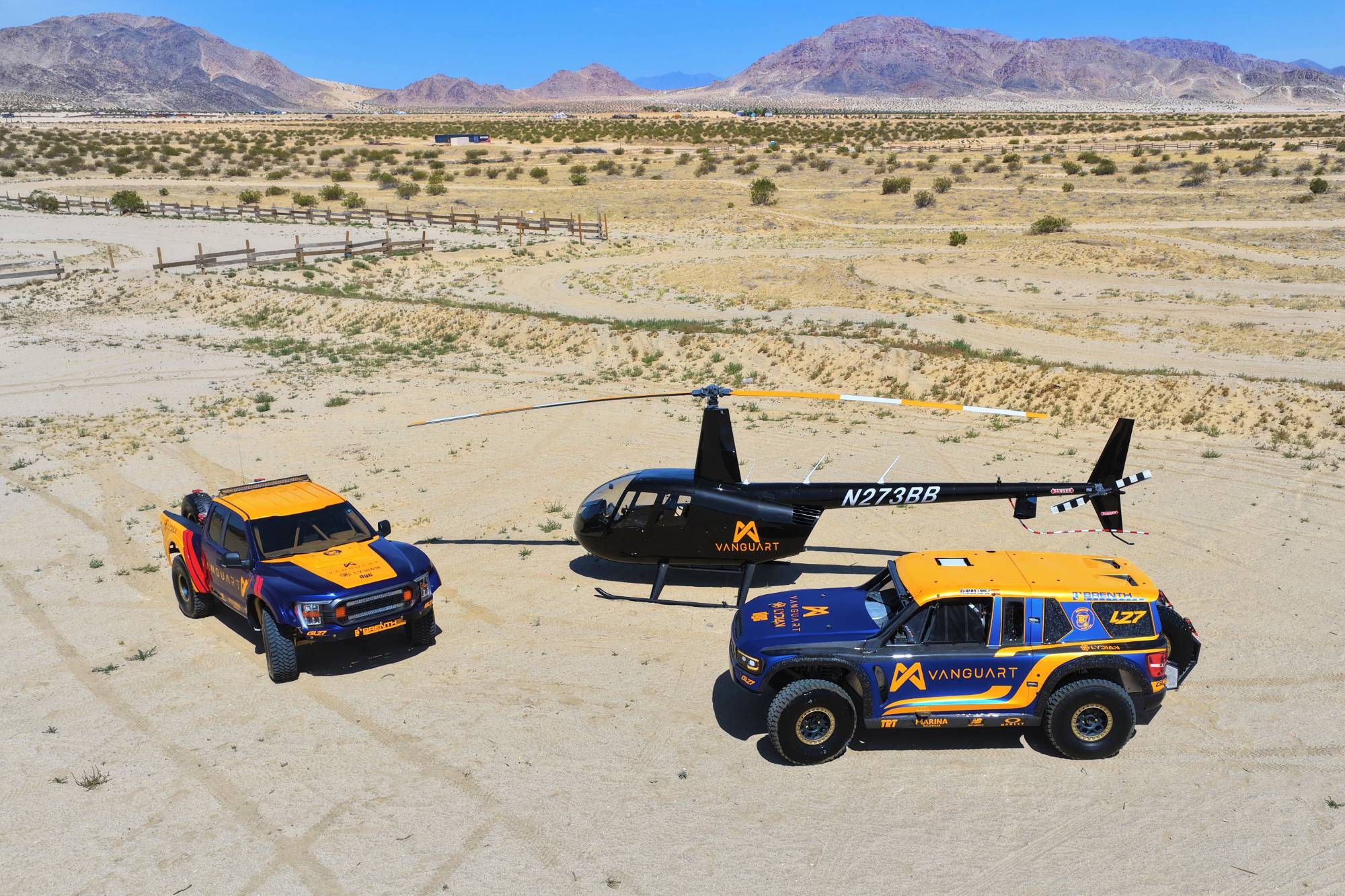 Aerial — both trucks and helicopter